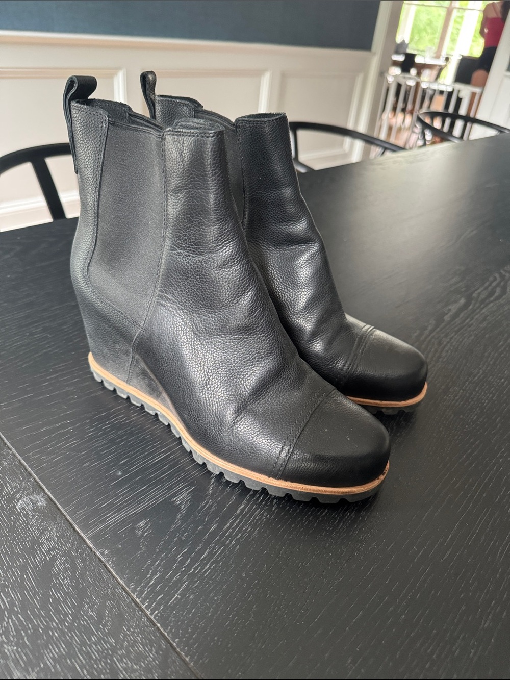 UGG Black Leather Wedge Ankle Boots with Tan Trim